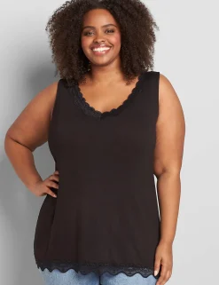 Knit Tops^Lane Bryant Classic V-Neck Lace-Trim Tank Black