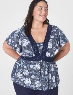 Shirts & Blouses^Lane Bryant Classic V-Neck Trimmed Babydoll Top Blue Floral