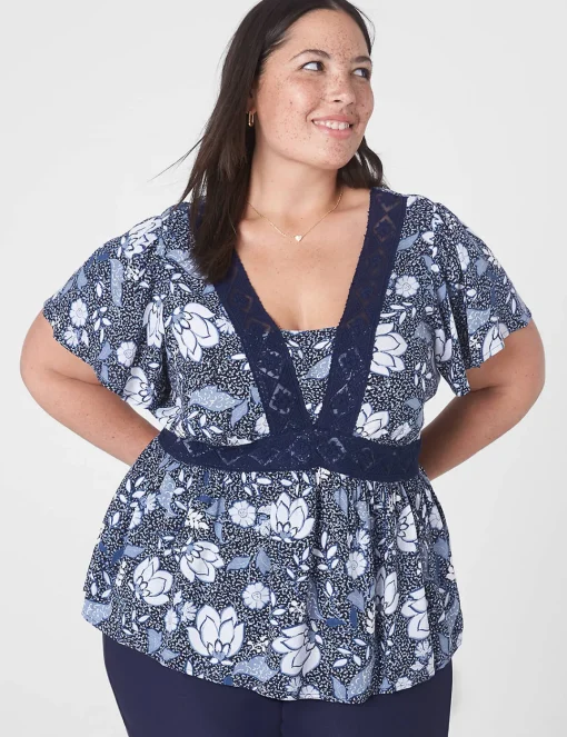 Shirts & Blouses^Lane Bryant Classic V-Neck Trimmed Babydoll Top Blue Floral