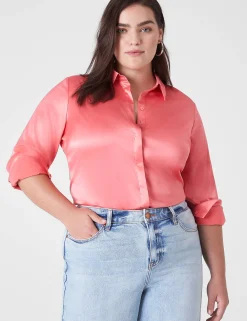 Shirts & Blouses^Lane Bryant Collar Button-Down Satin Shirt Sun Kissed Coral