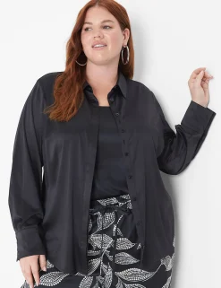 Shirts & Blouses^Lane Bryant Collar Button-Down Satin Shirt Black