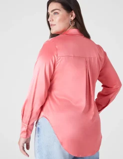 Shirts & Blouses^Lane Bryant Collar Button-Down Satin Shirt Sun Kissed Coral