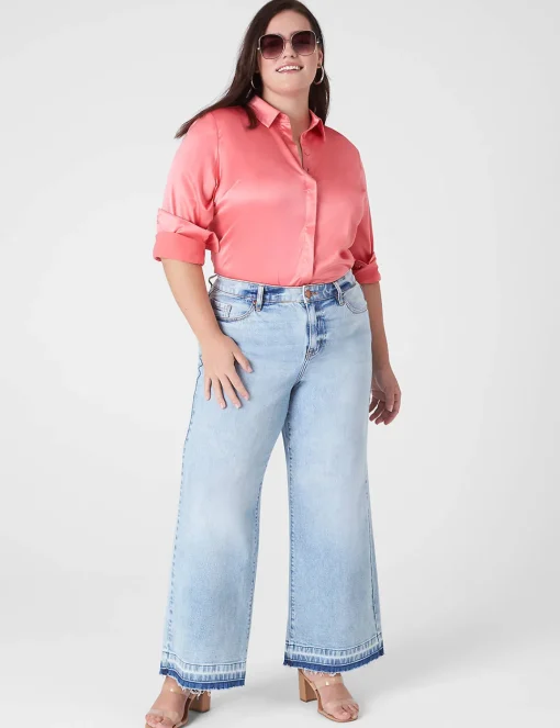 Shirts & Blouses^Lane Bryant Collar Button-Down Satin Shirt Sun Kissed Coral