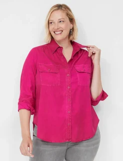 Shirts & Blouses^Lane Bryant Collared Button-Down Camp Shirt Fuchsia