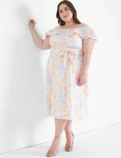 Date Night^Lane Bryant Convertible Neckline Double Ruffle Dress Miracle Floral