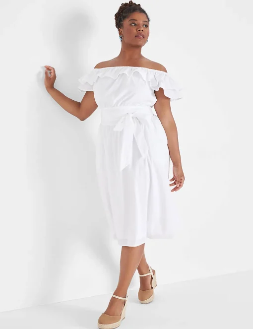 Fit & Flare^Lane Bryant Convertible Neckline Double Ruffle Dress White