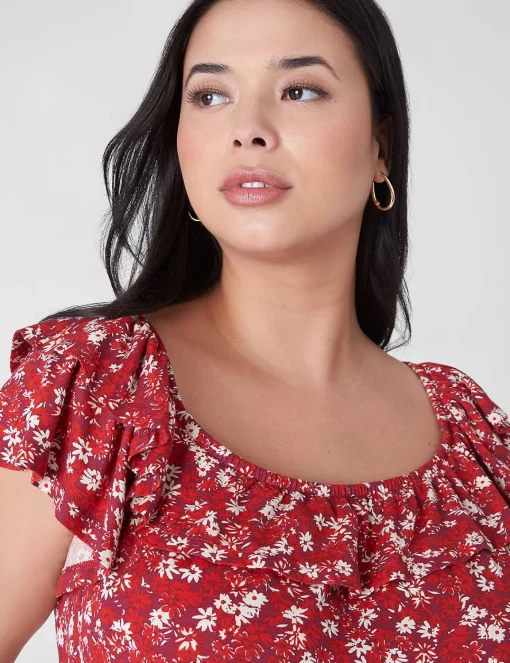 Casual^Lane Bryant Convertible Neckline Double-Ruffle Dress Red Floral