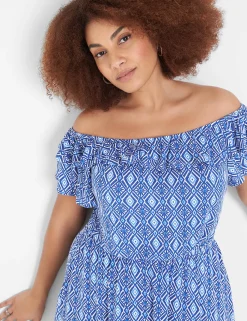 Casual^Lane Bryant Convertible Neckline Double-Ruffle Dress Geo Print