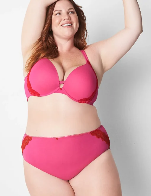 Brief Panties^Lane Bryant Cotton High-Leg Brief Panty With Lace Back Pink Yarrow