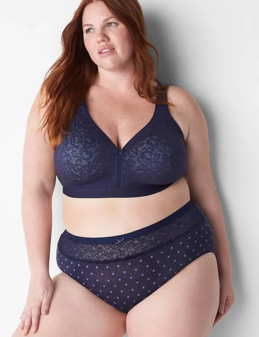 Brief Panties^Lane Bryant Cotton High-Leg Brief Panty With Lace Waist Olive Dot Maritime
