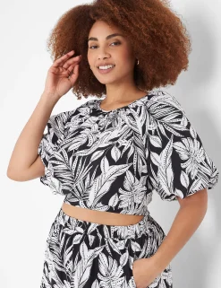 Date Night^Lane Bryant Crop Balloon-Sleeve Top Maui Leaves