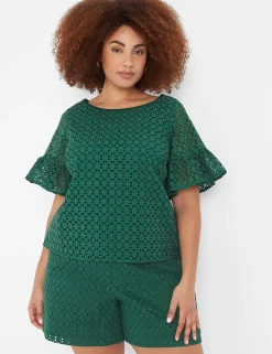 Shirts & Blouses^Lane Bryant Crop Short-Sleeve Eyelet Top Hunter Green