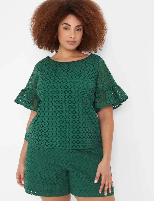 Shirts & Blouses^Lane Bryant Crop Short-Sleeve Eyelet Top Hunter Green
