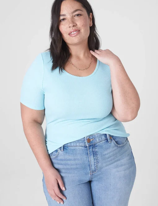 Knit Tops^Lane Bryant Fitted Crop Crew-Neck Rib Tee Blue Elixir
