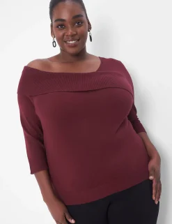 Sweaters^Lane Bryant Fitted Medium-Sleeve Asymmetrical-Neck Pullover Maroon Banner