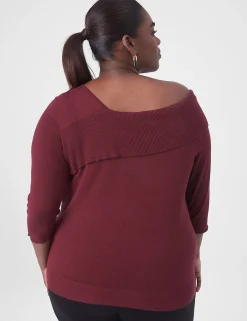 Sweaters^Lane Bryant Fitted Medium-Sleeve Asymmetrical-Neck Pullover Maroon Banner