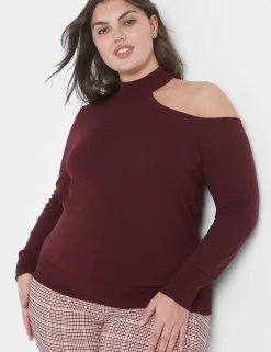 Sweaters^Lane Bryant Fitted Mock-Neck Cutout Pullover Sweater Maroon Banner