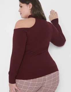 Sweaters^Lane Bryant Fitted Mock-Neck Cutout Pullover Sweater Maroon Banner