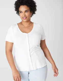 The Tee Shop^Lane Bryant Fitted V-Neck Button-Front Tee Ivory Rose