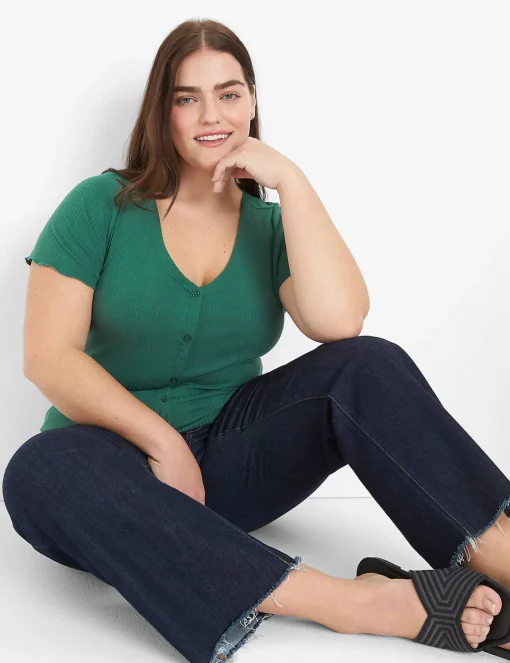 Knit Tops^Lane Bryant Fitted V-Neck Button-Front Tee Hunter Green