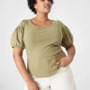 Knit Tops^Lane Bryant Fitted Woven Puff-Sleeve Rib Top Dried Herb