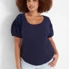 Knit Tops^Lane Bryant Fitted Woven Puff-Sleeve Rib Top Maritime Blue