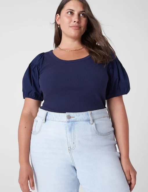 Knit Tops^Lane Bryant Fitted Woven Puff-Sleeve Rib Top Maritime Blue