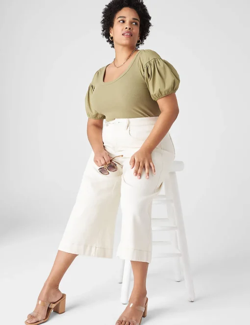 Knit Tops^Lane Bryant Fitted Woven Puff-Sleeve Rib Top Dried Herb