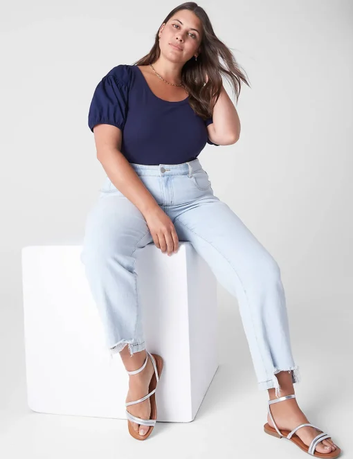 Knit Tops^Lane Bryant Fitted Woven Puff-Sleeve Rib Top Maritime Blue