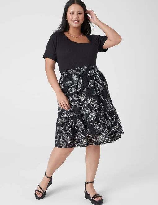 Work Versatile^Lane Bryant Flounce Eyelet Skirt Black Leaf
