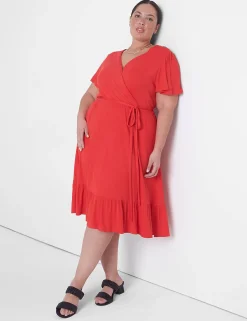 Fit & Flare^Lane Bryant Flutter-Sleeve Belted-Waist Fit & Flare Dress Pop Red
