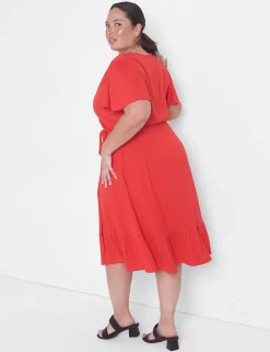 Fit & Flare^Lane Bryant Flutter-Sleeve Belted-Waist Fit & Flare Dress Pop Red