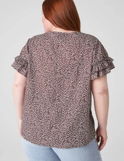 Shirts & Blouses^Lane Bryant Flutter-Sleeve Crew-Neck Top Brown Ditsy Floral