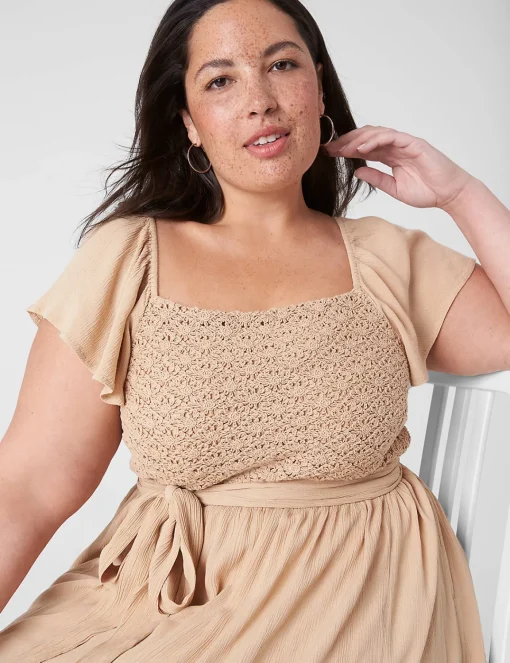 Maxi & Midi^Lane Bryant Flutter-Sleeve Crochet-Front Maxi Dress Ginger Root