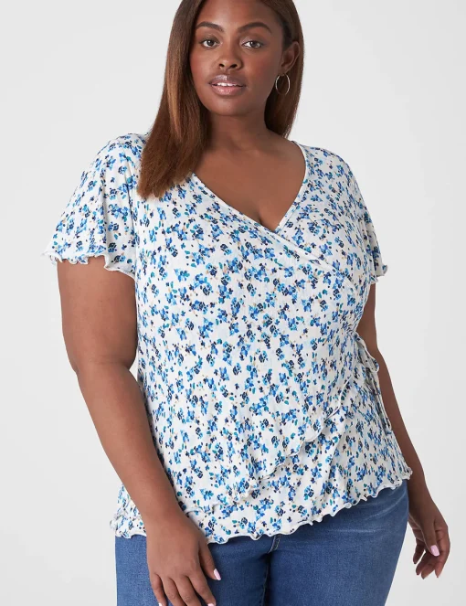 Knit Tops^Lane Bryant Flutter-Sleeve Real Wrap Top Blue Ditsy Floral