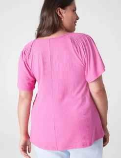 Knit Tops^Lane Bryant Flutter-Sleeve Smocked Rib Tee Fiji Flower