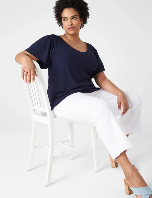 Knit Tops^Lane Bryant Flutter-Sleeve Smocked Rib Tee Maritime Blue