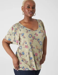 The Tee Shop^Lane Bryant Flutter-Sleeve Smocked Tee Batik Floral
