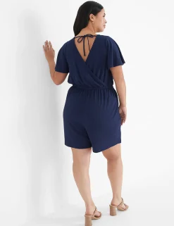 Casual^Lane Bryant Flutter-Sleeve Surplice-Back Romper Maritime Blue