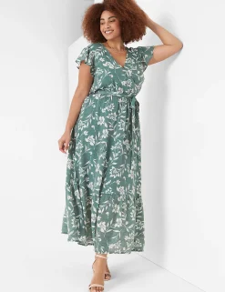 Work Versatile^Lane Bryant Flutter-Sleeve Surplice-Neck Maxi Dress Green Cabo Flower