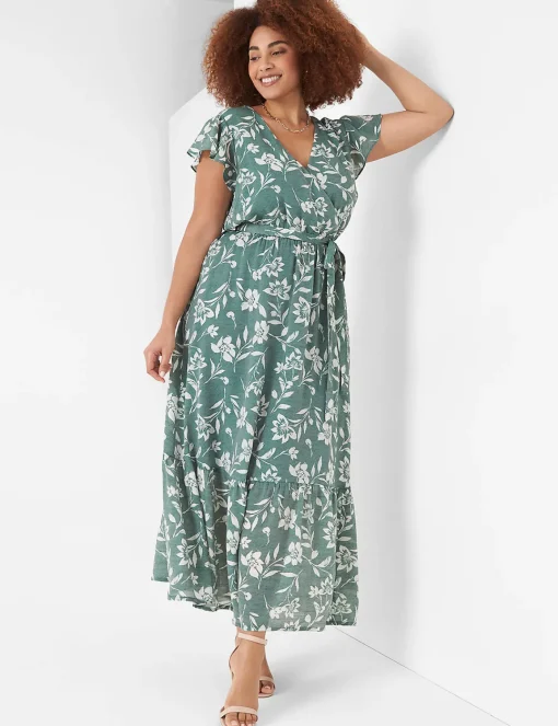 Maxi & Midi^Lane Bryant Flutter-Sleeve Surplice-Neck Maxi Dress Green Cabo Flower