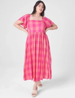 Casual^Lane Bryant Flutter-Sleeve Tie-Back Dress Pink Gingham
