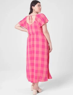 Casual^Lane Bryant Flutter-Sleeve Tie-Back Dress Pink Gingham