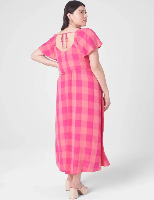 Casual^Lane Bryant Flutter-Sleeve Tie-Back Dress Pink Gingham