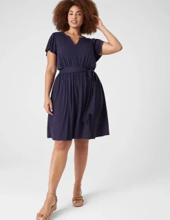 Work Versatile^Lane Bryant Flutter-Sleeve V-Neck Knit Swing Dress Maritime Blue