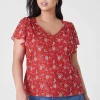 The Tee Shop^Lane Bryant Flutter-Sleeve V-Neck Mesh Tee Red Floral