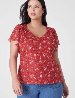 The Tee Shop^Lane Bryant Flutter-Sleeve V-Neck Mesh Tee Red Floral