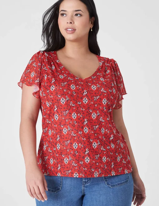 The Tee Shop^Lane Bryant Flutter-Sleeve V-Neck Mesh Tee Red Floral