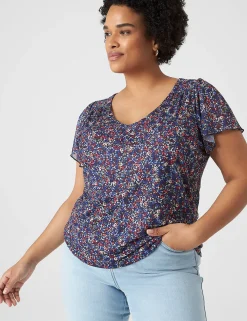 The Tee Shop^Lane Bryant Flutter-Sleeve V-Neck Mesh Tee Mia Floral