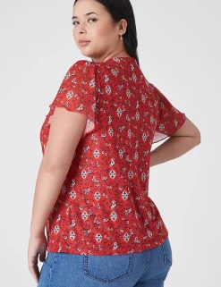 The Tee Shop^Lane Bryant Flutter-Sleeve V-Neck Mesh Tee Red Floral